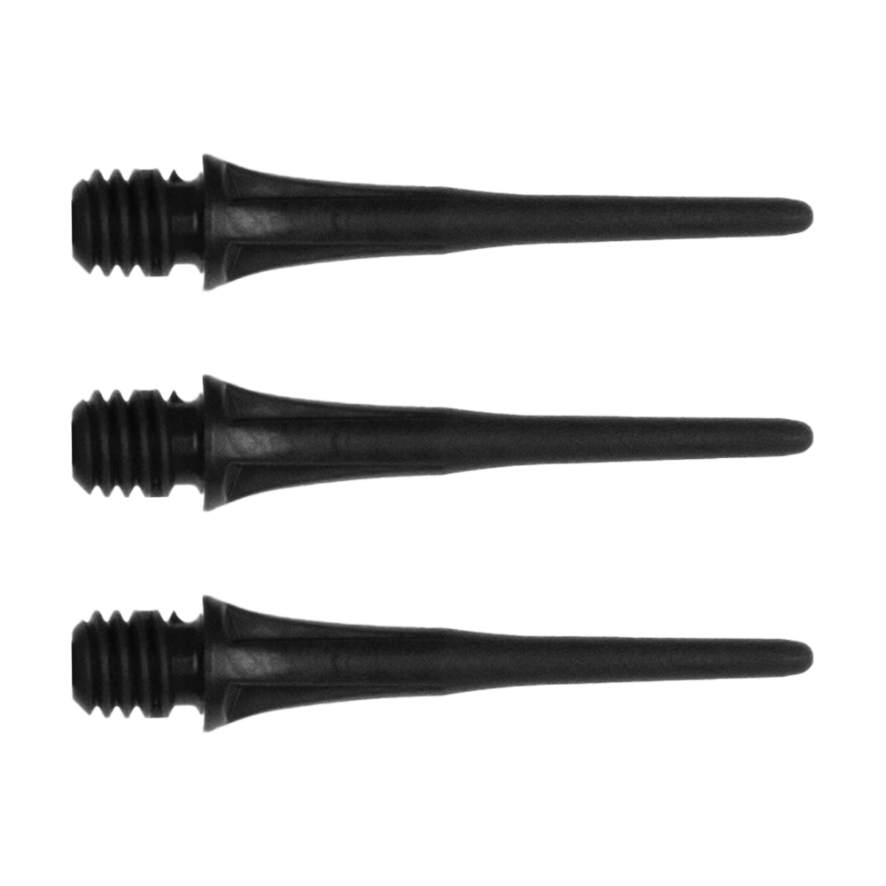 Das Bild zeigt drei schwarze Cosmo Fit Point Plus 2BA Spitzen mit einer Länge von 25 mm. Sie sind für Softdarts geeignet und werden im 50er Pack verkauft.